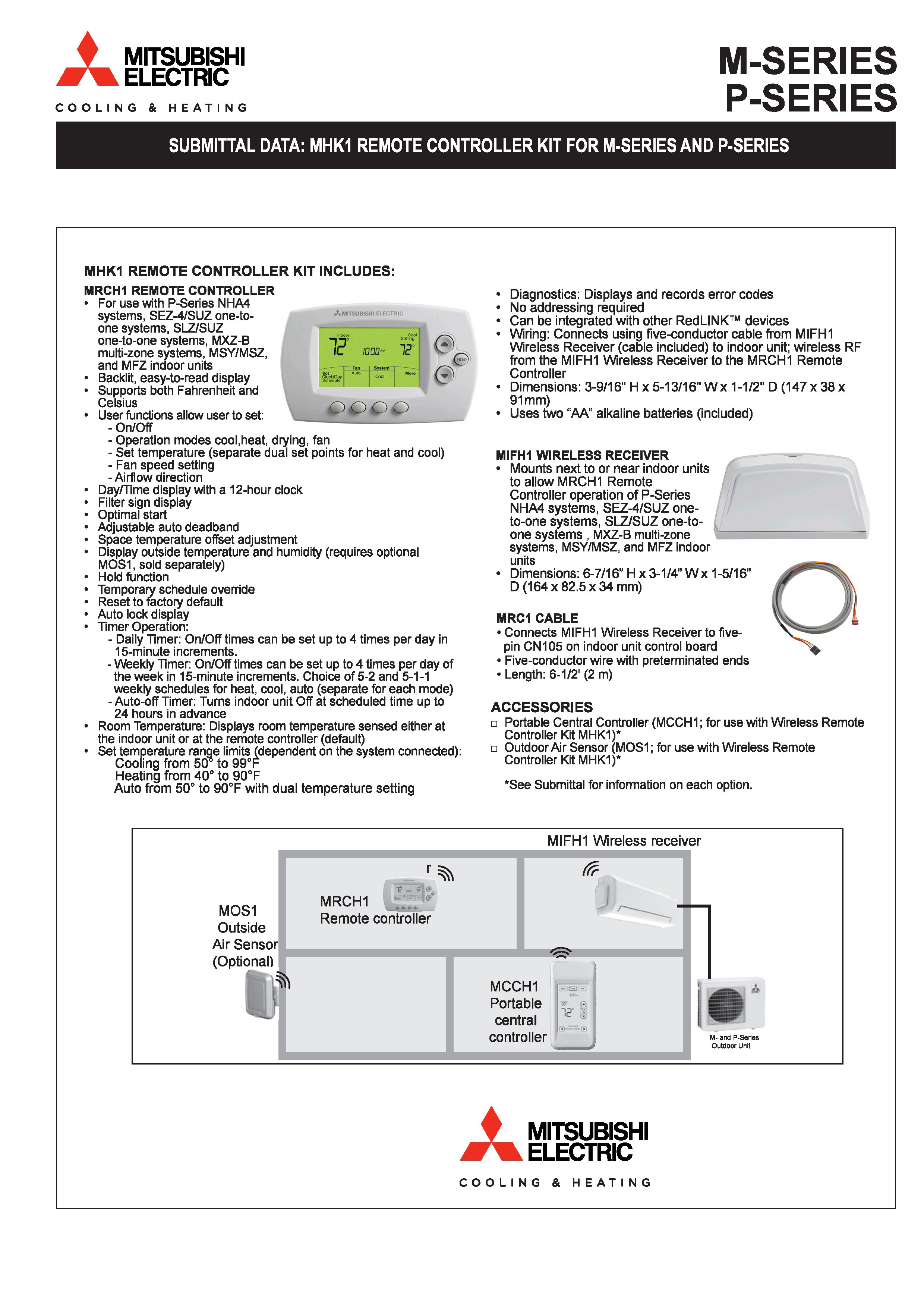 Mini Split Mitsubishi Wireless Wall Mounted Thermostat MHK1